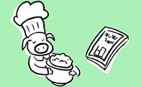Illustrazione di suino che indossa un cappello da chef e cucina