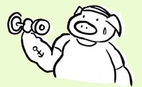 Illustrazione di suino che fa esercizio con un manubrio