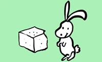 Illustrazione di coniglio che guarda un blocco da rosicchiare