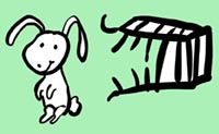 Illustrazione di coniglio con gabbia rotta alle spalle