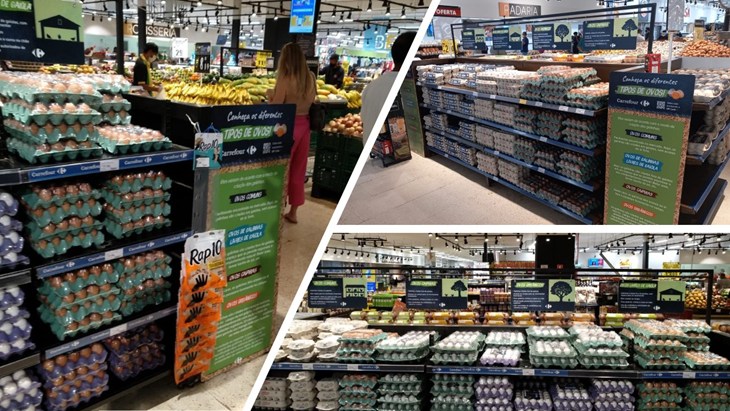 Montage of photos stacked egg displays in supermarket