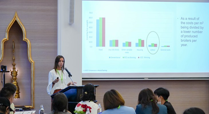 A speaker with a presentation in the bakground and audience in the front